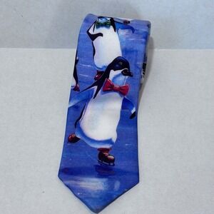 Ralph Marlin Mens Tie Penguins on Ice Christmas‎ Tree 100% Polyester Made in USA